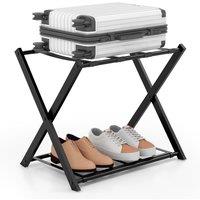 Gymax Folding Suitcase Stand Metal Luggage Rack Holder With Shelf & Belts in Black
