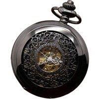 Infinity Leather Antique Brass Alloy Skeleton Half Hunter Pocket Watch in Black
