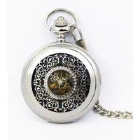 Infinity Leather Antique Brass Alloy Skeleton Half Hunter Pocket Watch in Silver