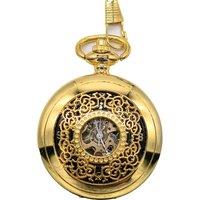 Infinity Leather Antique Brass Alloy Skeleton Half Hunter Pocket Watch in Gold