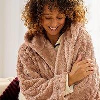 OHS Cable Knit Dressing Gown Flannel Fleece Loungewear Hooded Bathrobe in Natural