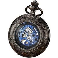 Infinity Leather Vinatage Mechanical Alloy Skeleton Half Hunter Pocket Watch in Black