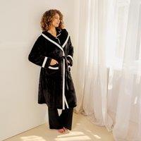 OHS Piped Edge Dressing Gown Flannel Fleece Bathrobe in Black