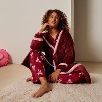 OHS Piped Edge Dressing Gown Flannel Fleece Bathrobe in Burgundy