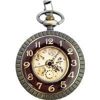 Infinity Leather Antique Wooden Half-Hunter Skeleton Alloy Pocket Watch in Metallic Gold