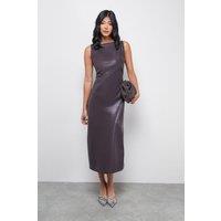 Warehouse Women's Faux Leather Whipstitch Detail Sleeveless Midi Dress in Oxblood | Size: 8