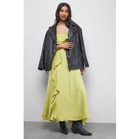 Warehouse Women's Satin Strappy Ruffle Midi Dress in Chartreuse | Size: 8