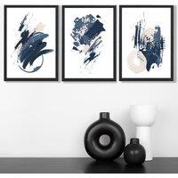 ARTZE Set of 3 Blue Abstract Minimal Wall Art Prints / Size: A3 / Black Frame in Dark Blue | Size: A2