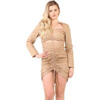 ELAINA FASHION Women's Elegant Ruched Mini Dress in Beige | Size: 8