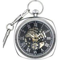 Infinity Leather Men's Mechanical Vintage Skeleton Square Open-Face Pocket Watch in Silver
