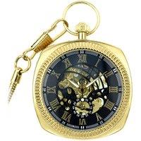 Infinity Leather Men's Mechanical Vintage Skeleton Square Open-Face Pocket Watch in Gold