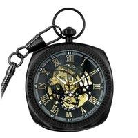 Infinity Leather Men's Mechanical Vintage Skeleton Square Open-Face Pocket Watch in True Black