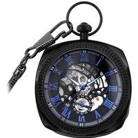 Infinity Leather Men's Mechanical Vintage Skeleton Square Open-Face Pocket Watch in Dark Blue