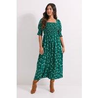 Dorothy Perkins Women's Petite Green Floral Shirred Bodice Puff Sleeve Square Neck Midi Dress | Size: 10