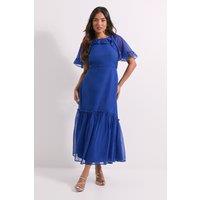 Dorothy Perkins Women's Petite Blue Frill Cape Sleeve Tiered Printed Chiffon Midi Dress | Size: 8