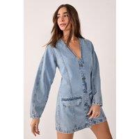 NastyGal Women's Denim Button Through Cocoon Sleeve Mini Dress in Vintage Blue | Size: 6