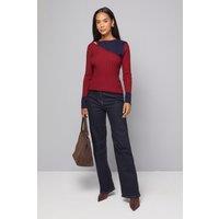Wallis Women's Colour Block Rib Detail Knitted Top in Burgundy | Size: XL