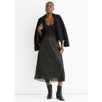 Gini London Women's Black Animal Print Mesh Overlay Pleated Midi Skirt | Size: 14