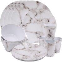 Neel Blue 16 Pieces Melamine Dinner Set - Plates, Dessert Plates, Bowls & Cups, Swirl Design in Off-White