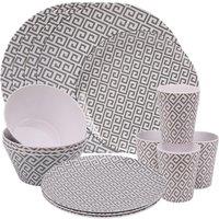 Neel Blue 16 Pieces Melamine Dinner Set - Plates, Dessert Plates, Bowls & Cups, Swirl Design in Grey