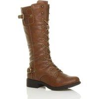 AJVANI Women's Lace Up Calf Military Biker Boots in Tan | Size: 6