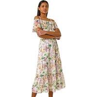 Roman Women's Floral Print Bardot Midi Dress in Cream | Size: 10