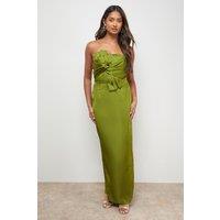 Oasis Women's Satin Bow Front Bandeau Midi Dress in Olive | Size: 16