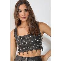 NastyGal Women's Studded Faux Leather Crop Top in Black | Size: 4