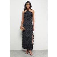 Warehouse Women's Diagonal Fluffy Halter Maxi Dress in Black | Size: 12