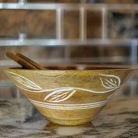 Hartsmede Hand Carved Serving Bowl With Spoons - Leaf Design in Natural