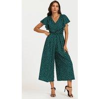 FS Collection Women's Polka Dot Angel Sleeve Twist Jumpsuit In Green | Size: Large