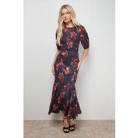 Oasis Women's Printed Jacquard Stud Trim Detail Puff Sleeve Midi Dress in Floral | Size: 16