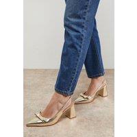 Oasis Women's Vala Faux Metallic Leather Bow Detail Slingback High Block Heel Court Shoes in Gold | Size: 3