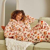 OHS Women's Autumn Gonk Sherpa Fleece Pyjamas Set Winter Hooded Loungewear in Beige | Size: Large