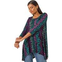 Roman Women's Animal Print Hanky Hem Stretch Top in Teal | Size: 16