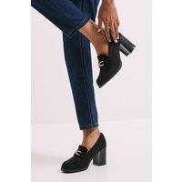 Dorothy Perkins Women's Wide Fit Benita Faux Suede Snaffle Detail High Block Heeled Loafers in Natural Black | Size: 7
