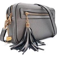Kitise Women's Dual Zipper Tassel Charm Crossbody Camera Bag in Metallic Silver