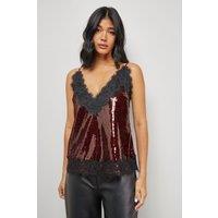 Warehouse Women's Sequin Lace Trim High Apex Cami Top in Dark Red | Size: 12