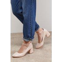 Oasis Women's Venisha Faux Patent Leather Ankle Strap Medium Heel Court Shoes in Beige | Size: 4