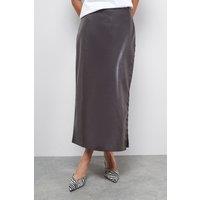 Warehouse Women's Faux Leather Whipstitch Detail Midi Skirt in Chocolate | Size: 14