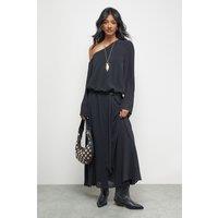 Warehouse Women's Crinkle Chiffon One Shoulder Drop Waist in Black | Size: 14