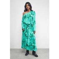 Warehouse Women's Crinkle Chiffon One Shoulder Drop Waist in Green | Size: 10