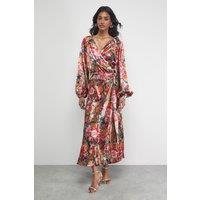 Warehouse Women's Satin Tie Waist Wrap Ruffle Tier Maxi Dress in Floral | Size: 14