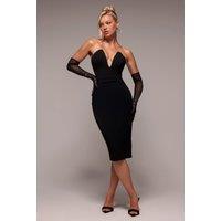 Goddiva Women's Strapless Super Plunge Diamante Neck Midi Dress in Black | Size: 12