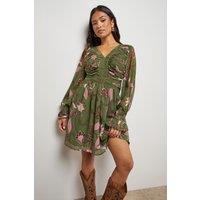 Oasis Women's Petite Printed Lace Trim Gathered V Neck Mini Dress | Size: 12