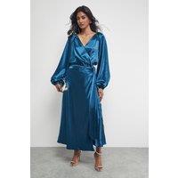 Warehouse Women's Satin Tie Waist Wrap Ruffle Tier Maxi Dress in Teal | Size: 10