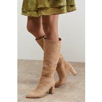 Oasis Women's Kora Faux Suede High Block Heel Pointed Knee Boots in Beige | Size: 8