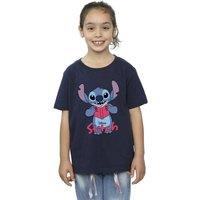 Lilo & Stitch Girl's Reading Standing Cotton T-Shirt in Navy | Size: 7-8 Years