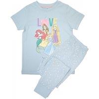 Disney Girl's Love Princess AOP Short-Sleeved Long Pyjama Set in Baby Blue | Size: 4-5 Years