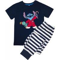 Lilo & Stitch Boy's Short-Sleeved Christmas Long Pyjama Set in Navy | Size: 3-4 Years